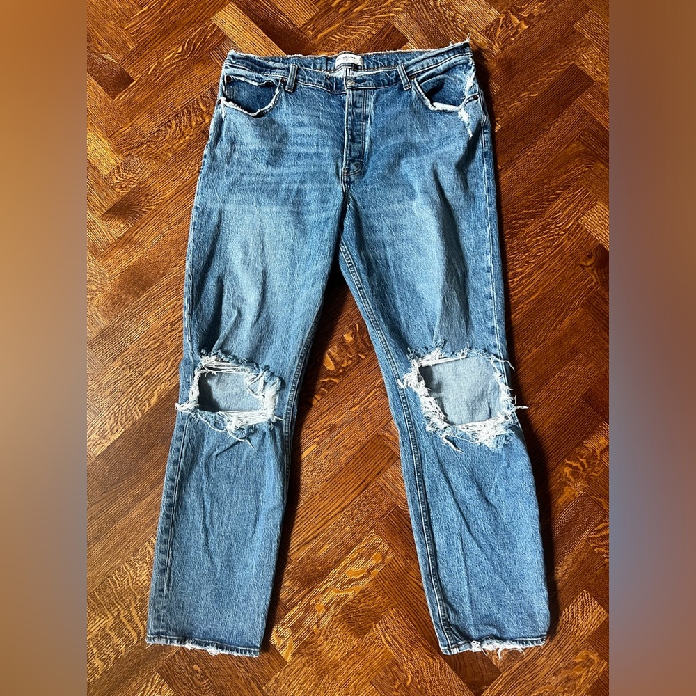 ABERCROMBIE & FITCH Dad High Rise Distressed Denim Blue Jeans Slouchy Baggy 33 L